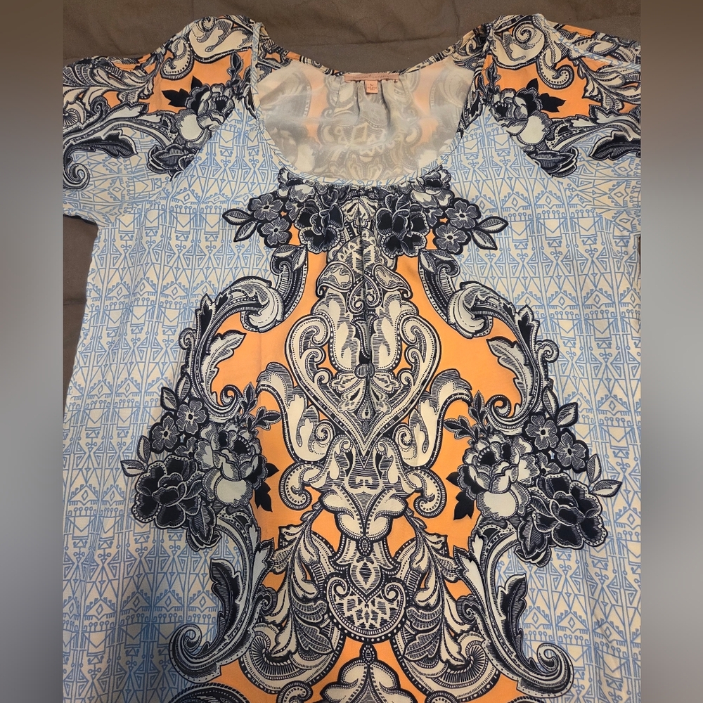 Gibson Latimer Blue and Cream Patterned Open Sleeve Dress